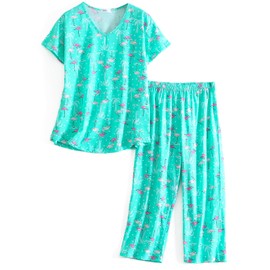 SISKIN Womens Pajama Sets - Capri Pajamas for Women Set Plus Size Sleepwear Tops with Capri Pants Summer Pjs Sets Green Coconut Tree M