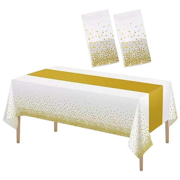 2pcs White and Gold Botted Tablecloth Gold Satin/Table Runner 54