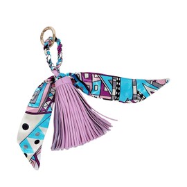 QTMY Silk Ribbon Bow Leather Tassel Bag Pendant Charm Keyring Keychain for Women Purse Handbag Decor,2043, 22, 5"