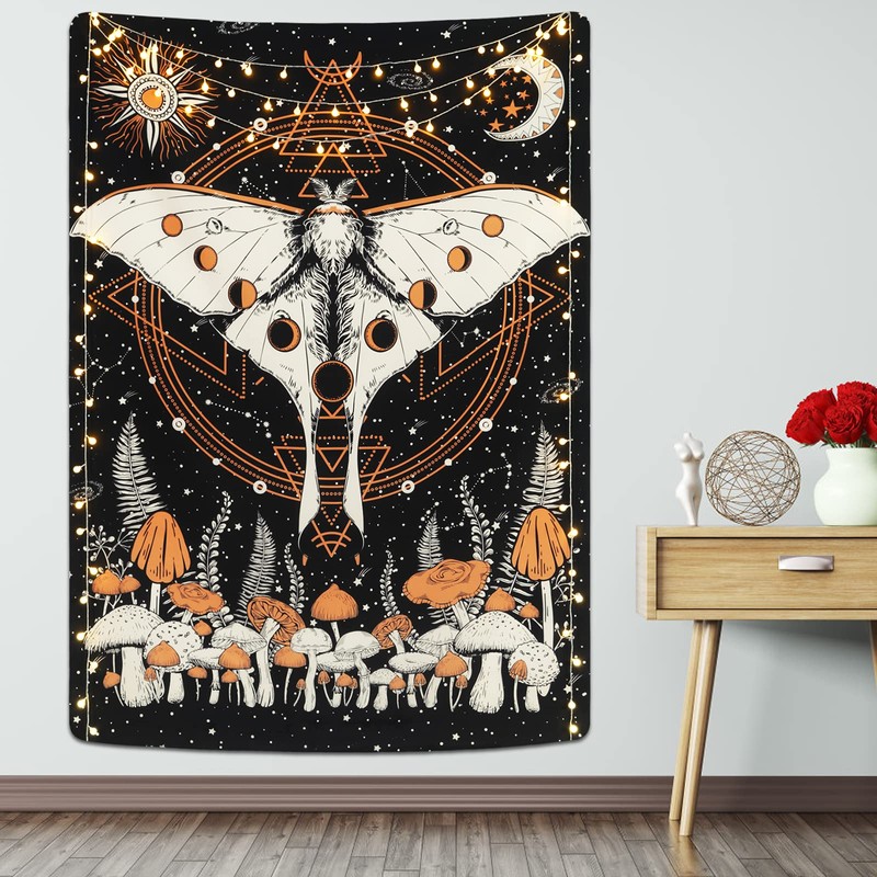 Krelymics Moth Tapestry Mushroom Tapestry Sun and Moon Tapestries Moon