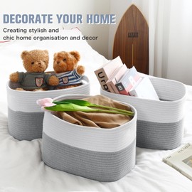 Patvingot Cotton Rope Storage Baskets for Shelves,Woven Baskets with Handles for Storage, Collapsible Storage Bins Organizer for Laundry, Towel, Clothes, Books,Nursery (White/Grey,2Pack)