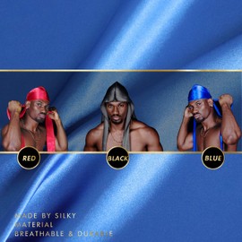 4PCS Silky Durags for Men 360 Waves, Designer Do Rag, Award 1 Wave Cap, Fk Blue Black Red, M