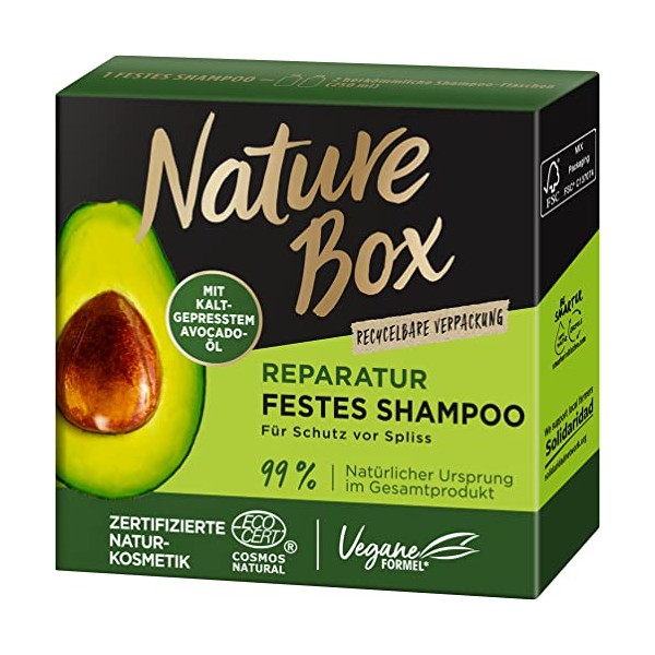Nature Box festes Shampoo Reparatur (85 g), Reparatur-Shampoo mit Avocado-Ãl repariert das Haar und schÃ¼tzt vor Spliss, recycelbare Verpackung