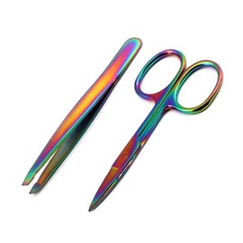 OdontoMed2011® Pack of 2 Pieces Eyebrow Scissor Straight + Slant TIP TWEEZER Facial Hair Remover Multi Color Rainbow Stainless Steel Makeup Tool Set