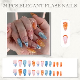 24PCS French Summer Press On Nails, Almond False Nails with 3D Fruit Design, Glossy French Tip, Medium Length Stick On for Women, Stylish Art for Summer Events and Daily Wear