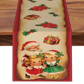 Croar Vintage Christmas Santa Claus Girls Dining Table Runner, Xmas Gifts Poinsettia Holly Red Berries Burlap Kitchen Decoration, Winter Holiday Indoor Outdoor Home Decor Party Supply 13 x 72 Inches
