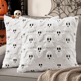 decorUhome Fall Halloween Ghost Pillow Covers 18x18 Inch Pack of 2 Soft Plush Faux Wool Textured Throw Pillow Covers Cute 3D Ghost Decorative Cushion Cases for Couch Sofa Bedroom Home Decor, White