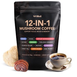 HiWell Strong Taste Mushroom Coffee 12-in-1 – Organic Ginseng, KSM-66® Ashwagandha, Lion's Mane, Reishi–Focus, Calm Energy & Immune Support–100% Fruiting Body Extracts–Vegan, Low Caffeine–30 Servings
