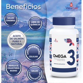 ViewCell Cápsulas Omega 3 de Salmón de 1200 mg. Suplemento Alimenticio de Ingredientes Naturales: 90 Cápsulas de Alta Concentración de Aceite puro de Salmón Salvaje Omega 3 Salmon Oil B