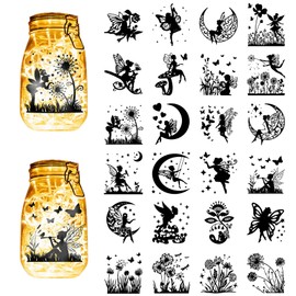 CREATCABIN Pack of 24 Fairy Silhouettes, Preserving Jar Decoration, Angel, Lantern, Laser Cut-Outs, Ornaments, Dandelion, Moon, Scrapbook for Frosted Glass, Wall, Cars, Crafts, Christmas, Black, 10 x