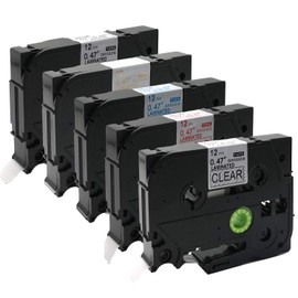 NEOUZA 5PK Compatible for Brother P-Touch Laminated TZe TZ Label Tape 12mm x 8m (Set of 5 Colors Black Red Gold Blue White on Clear)