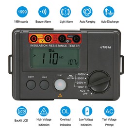 UT501A Megohmmeter, Digital Insulation Resistance Tester 100V/250V/500V/1000V, Auto Ranging & Auto Discharge Grounding Resistance Tester, 0-5.5G Ohm Meter, 1999 Counts, Backlit LCD Display
