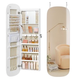 SONGMICS Jewelry Organizer, LED Jewelry Cabinet Wall/Door Mounted, Lockable Rounded Wide Mirror with Storage, Interior Mirror, 3.9 x 16.5 x 55 Inches, White Surface with Greige Lining