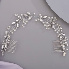 Lenjicons Wedding Rhinestone Hair Comb Luxury Pearl Rhinestone Headband Hair Comb Elegant Bridal Hair Accessory Handmade Pearls Crystal Wedding Headpiece for Women (silver)
