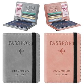 DQST 2 PACK Cartera para Pasaporte RFID, Pasaporte Funda para Hombres y Mujeres, Protector de Pasaporte, Viaje Accesorios Mujer. (GrisRosa)           