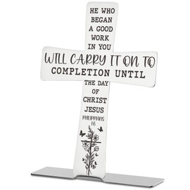 Philippians 1 6 Inspirational Scripture Gifts for Women Faith Men Friend Coworker, Bible Verses Cross Decor, Encouragement Christian Religious Stainless Steel Cross Desk Decorative Signs Plaques A911