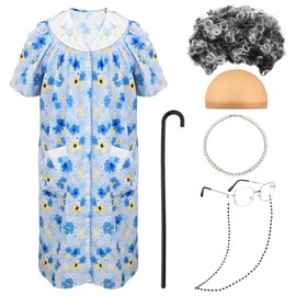 Jiuguva 7 Pcs Old Lady Costume for Kids Girls, 100th Days of School Costume for Kids Granny Nightgown Wig Cane Grandma Dress(Small)