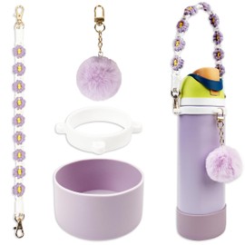Silicone Boot Set for Owala Water Bottle 24 oz - Includes Water Bottle Handle Strap with Fluffy Pom-Pom Charms - Perfect Owala Accessories, Fits Owala Tumbler, Owala Free Sip, for Pink Owala (Purple)