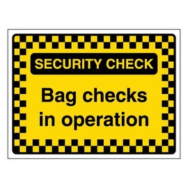 V Safety Security Check - Bag Checks In Operation - Pattern Border 200 x 150 mm - 3mm Aluminium Composite Safety Sign