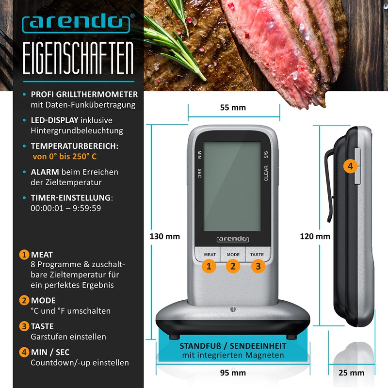 Arendo - Grill Thermometer Digital Wireless - Meat Thermometer with