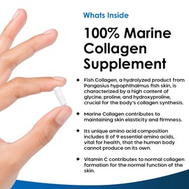 Pure Marine Collagen 100% Marine Collagen Type 1 1500mg - 180 Capusles Hydrolysed Collagen Peptides Enhanced with Hyaluronic Acid & Vitamin C, High Strength Collagen Supplements for Women and Men