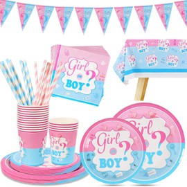 Baby Girls Boys Baby Shower Gender Reveal Party Tableware, Gender Reveal Tableware Includes Plates, Cups, Napkins, Straws, Tablecloth & Banner, Disposable Dinnerware Set Party Supplies for 16 Guests