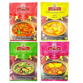 MAE PLOY Red Curry / Yellow Curry / Green Curry / Massaman Curry Thai Curry Paste, Trial 4 Types Set (1.8 oz (50 g) Each