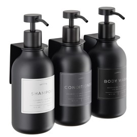 Lusspa Shampoo & Conditioner Dispenser - Shower Soap Dispenser Wall Mounted - Set of 3 16.9 Oz Plastic Bottles with Pump & Holder - Shampoo Dispenser - Shower Dispenser Chamber No Drill (Black)