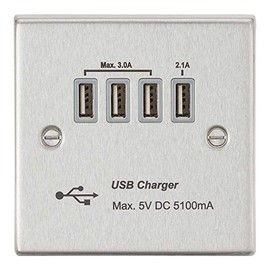Knightsbridge CSQUADBCG Quad USB Charger Outlet, Brushed Chrome with Grey Insert, 5.1 A