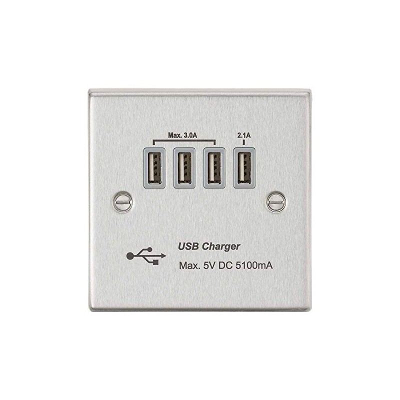 Knightsbridge CSQUADBCG Quad USB Charger Outlet, Brushed Chrome with Grey