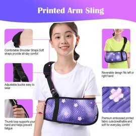 Fotgok Kids Arm Sling for Shoulder Immobilizer Injury with Rotatable Buckle, Cute Embossed Printed Fabric Arm Brace for Girls, Medical Shoulder Brace for Children (Purple, Large)