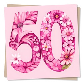Beautiful Pink 50th Birthday Card - Floral Pink Design - 50th Birthday Card For Women, Woman, Female, Mum, Aunty, Friend