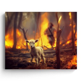 Christian Canvas Wall Art Jesus Running After Lamb Picture Print, Jesus and Lamb Spiritual Art, Vintage Framed Religious Wall Decor Painting for Living Room and Bedroom Decor 16x20inch