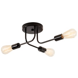 Plfann - Techo industrial semi empotrado con 3 luces con soporte de techo clásico ramificado de metal ajustable E26 pintado en negro para cocina, sala de estar, comedor