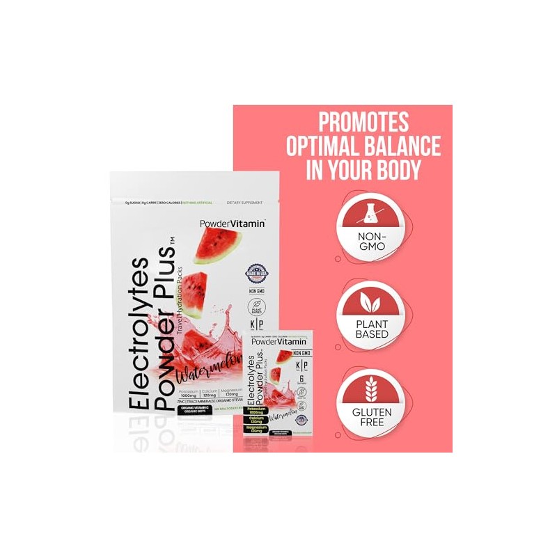 PowderVitamin Electrolytes Powder Plus, cetogénico, sandía, sin azúcar, 1000 mg
