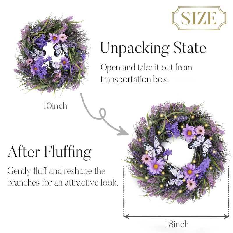 18 inch Spring Lavender Wreaths for Front Door with Lights