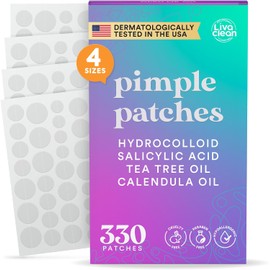Parches para Granos para el Rostro LivaClean 330 CT con Ácido Salicílico, Árbol de Té y Aceite de Caléndula - Cuatro Tamaños - Parche para Granos, Parche de Hidrocoloide, Parches para el Acné