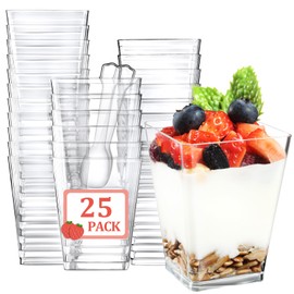 Eupako 25 Pack 5 OZ Plastic Mini Dessert Cups with Spoons - Clear Small Parfait Cups, Square Appetizer Cups for Fruit, Pudding, Mousse, Ice Cream, Party, Wedding, Valentine's Day