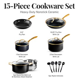 Gotham Steel 15 Pc Ceramic Pots and Pans Set Non Stick, Kitchen Cookware Sets, Pot and Pan Set, Ceramic Cookware Set, Non Toxic Cookware Set, Non Stick Pots and Pan Set, Dishwasher Safe - Black Gold