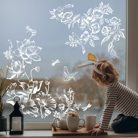 Supzone Window Stickers, White Lotus Flower Window Stickers Spring Summer Flower Branch Window Decals Double-Sided Static Anti-Collision Window Film Glass Window Doors Window Decoration
