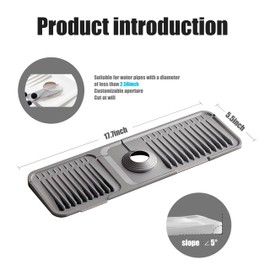 Stargaz Silicone Faucet Mat for Kitchen Sink, 6° Sope Kitchen Sink Splash Guard, Faucet Draining Mat of Sink Accessories With Button Lock, Handle Drip Catcher Tray, Sponge Holder (Grey, 17.7”×5.5”)