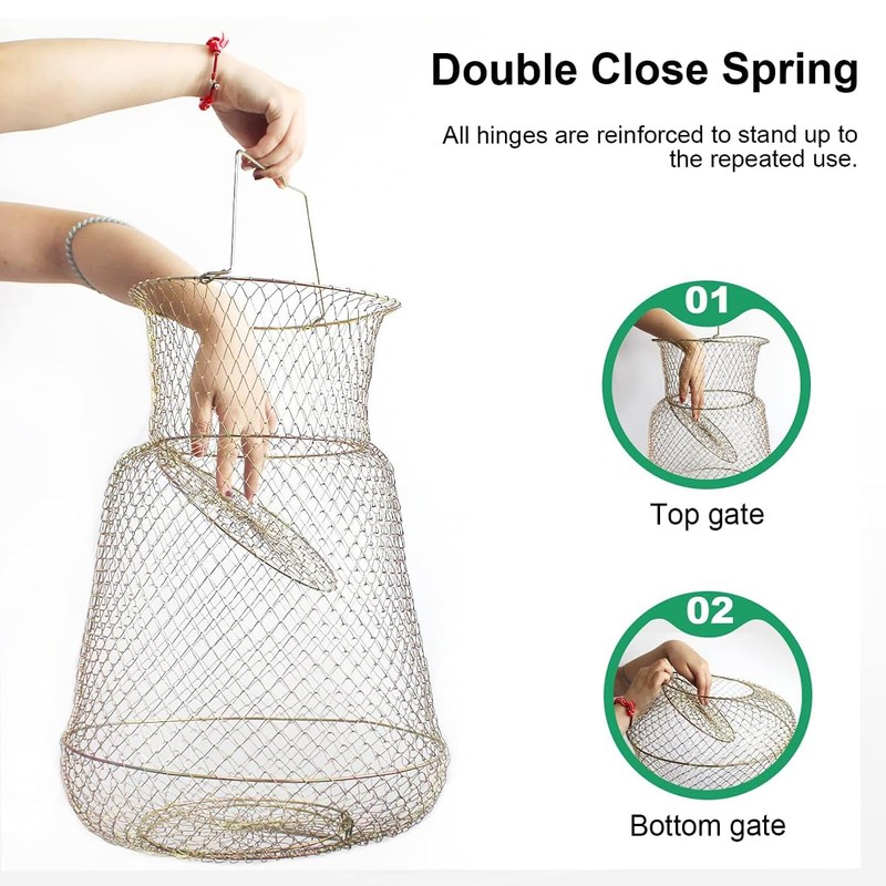 AIMALL Galvanized Fish Cage with Spring Door for Fishing, Portable