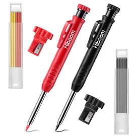 Hiboom 2 Pack Solid Carpenter Pencil with 14 Refill, Long Nosed Deep Hole Mechanical Pencil Marker with Built-in Sharpener for Carpenter Woodworking Architect with Design Patent (Black, Red)
