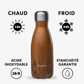 Qwetch - Originals Stainless Steel Insulated Flask 260 ml Wood - Thermos Flask 24 Hours Cold & 12 Hours Hot - Leak-Proof, BPA-Free, Reusable - Perfect for Sports, Travel, Office & Hiking