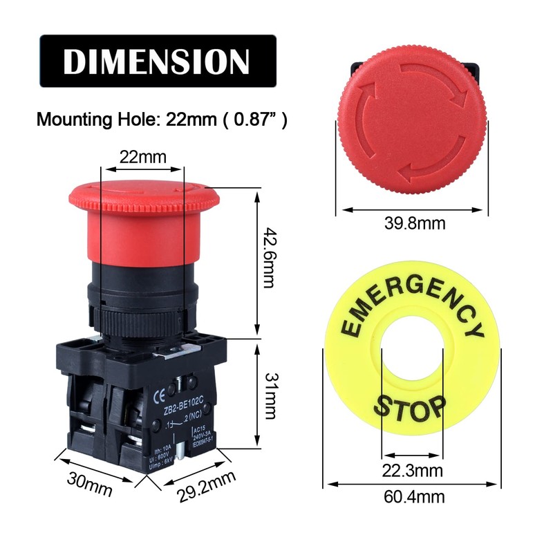 DMWD 22MM 600V 10Amp 1NO 1NC Red Mushroom Latching Emergency