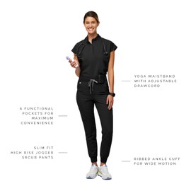 FIGS Zamora High Waisted Jogger Style Scrub Pants for Women - Black, Tall L