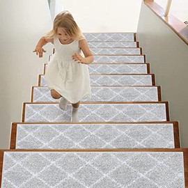 BEQHAUSE Stair Treads 15 Pack Self-Adhesive Stair Mats 28inX9in Stair Runners for Wooden Steps Non-Slip Stair Grips Grey Soft Edging Stair Rugs 100% Polyester TPE Backing