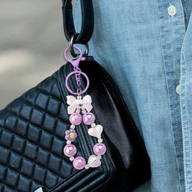 YangQian Bow Keychain Wristlet Beaded Charm Keychain for Women Girls Flower Wrist Keychains for Women Girl Heart Charm for Key Bag Handbag Purse Charms for Keychain Accessories (Purple)