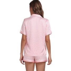 Serenedelicacy Women's Satin Pajama Set 2-Piece Sleepwear Loungewear Button Down Short Sleeve PJ Set (Medium, Pink/Ivory, Stripe)