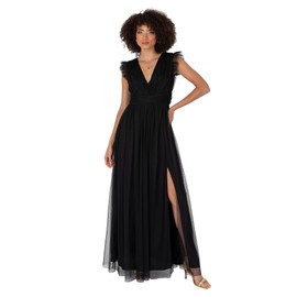 Anaya with Love Women's Maxi Dress Ladies V-Neck Short Sleeve Split Tulle A-line for Wedding Guest Bridesmaid Evening Occasion Ball Gown, Black, 14
